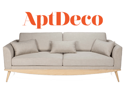 aptdeco logo and tan sofa